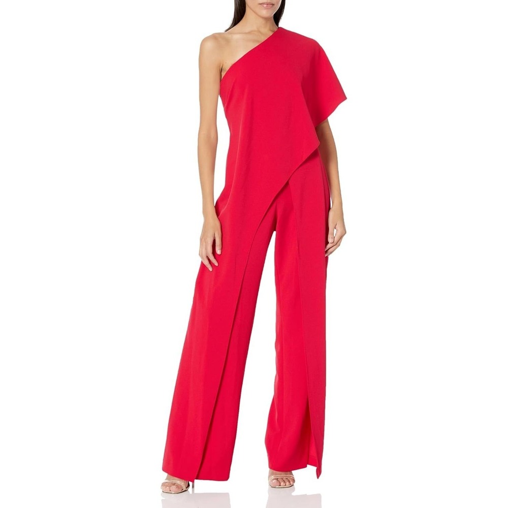 Tahari Jumpsuit Womens 10 Pink Ruffle Wide Leg One Shoulder Evening 1406
